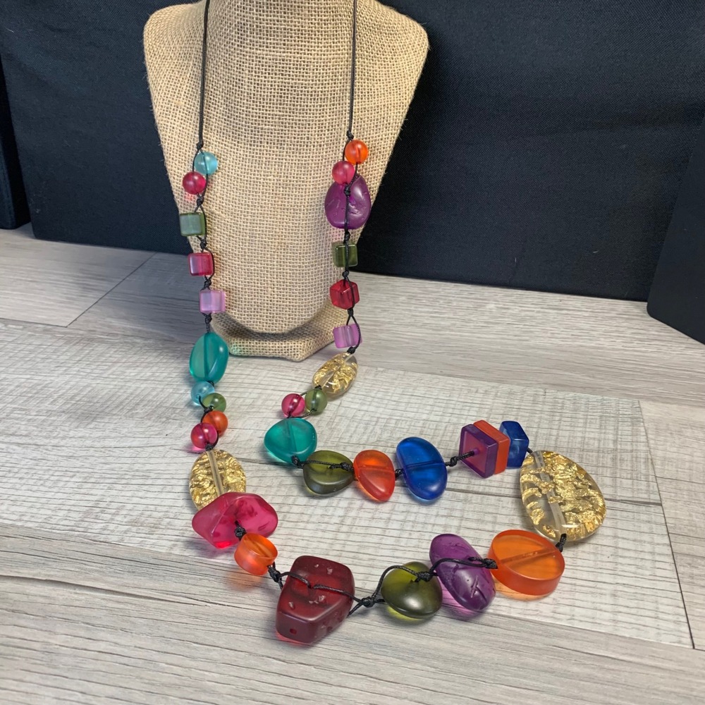 Multi Color Resin Gold Leaf Flake Statement Necklace Chunky Bead Long Cord